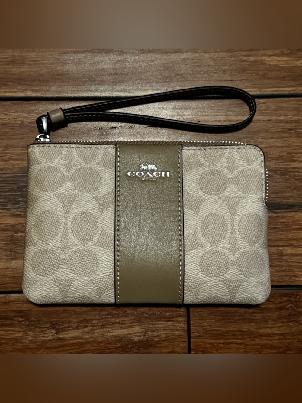 Coach Beige Signature Canvas Wristlet with Center Stripe and Brown Strap